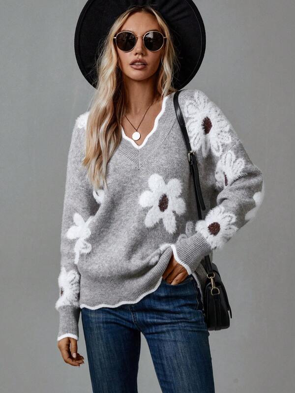 Thea - Elegant V-Neck Floral Sweater