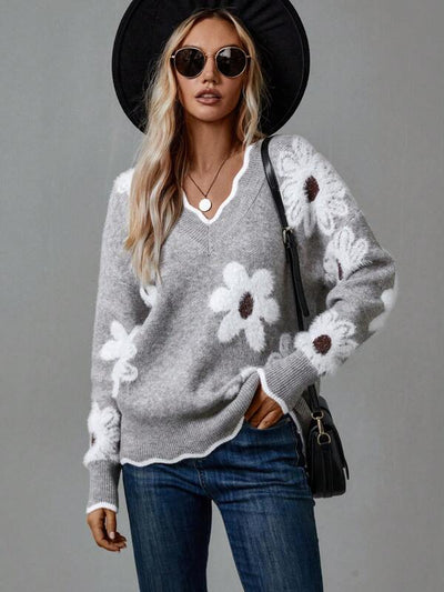 Thea - Elegant V-Neck Floral Sweater