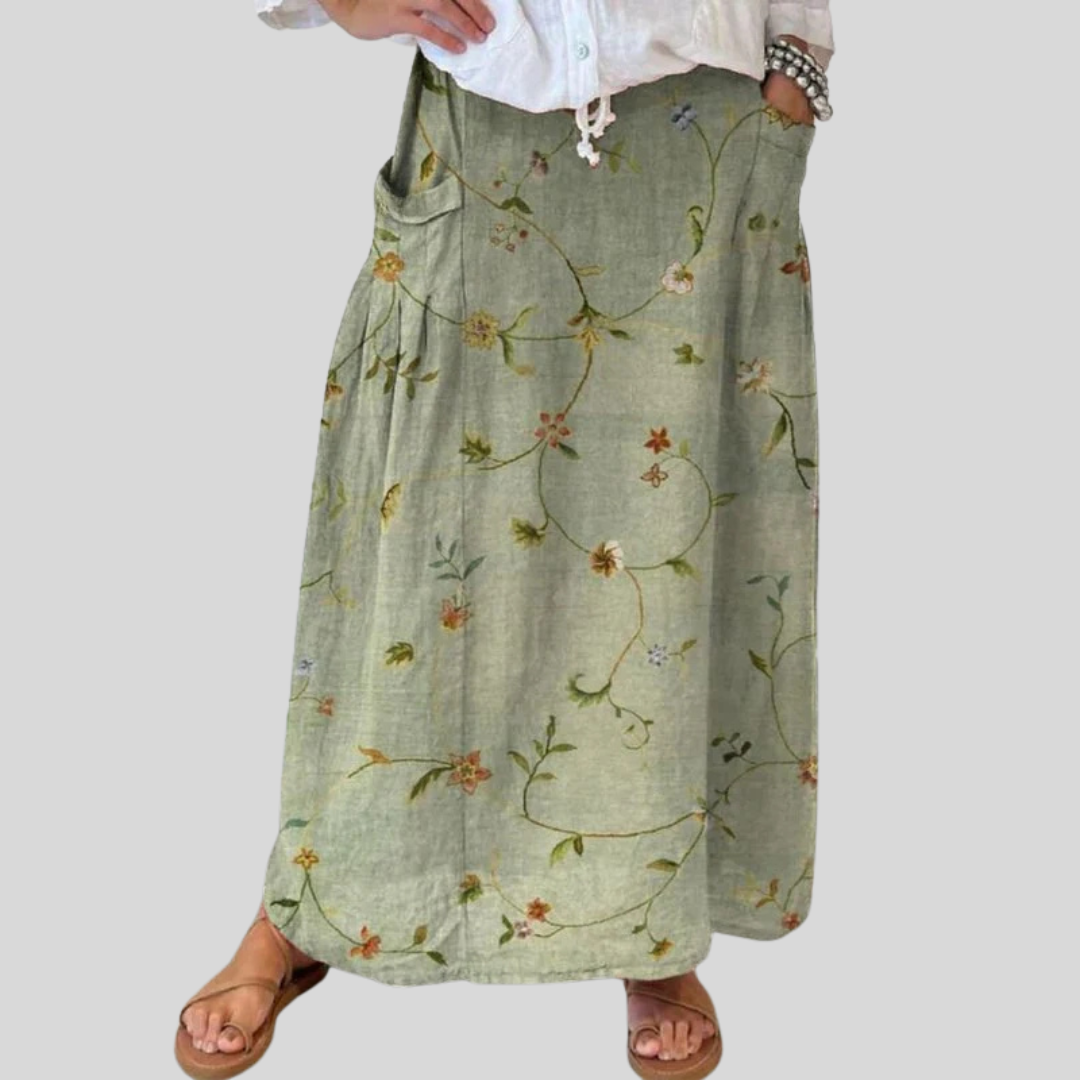 Women's Retro Floral Art Linen Elastic waistband Pocket Skirt