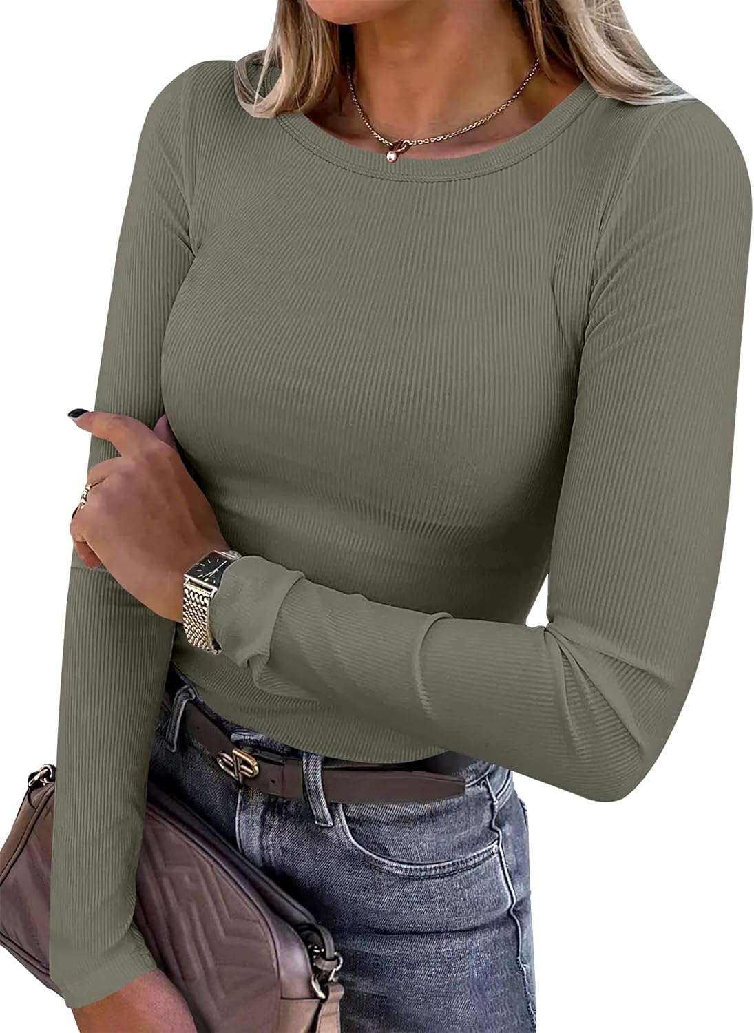 ANRABESS Women Long Sleeve Shirts Rib Knit Slim Fit Tops Basic Tee 2025 Fall Outfits Casual T-Shirt Underscrubs Layer Clothes