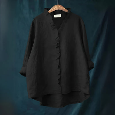 NOLA – RUFFLED BUTTON-FRONT LINEN BLOUSE